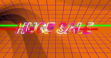 Arka plan animasyonunda büyük indirimli metin içeren neon renkler. Fütürist, siber punk, canlı, reklam, dijital, promosyon