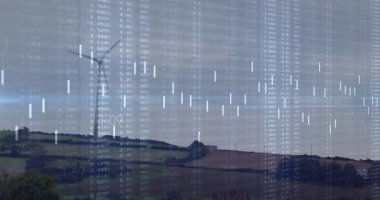 Rüzgar türbini ve finansal veri işleme animasyon örtülü manzara. Sürdürülebilirlik, yenilenebilirlik, teknoloji, enerji, yatırım, analitik