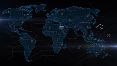 Animasyonda, veri noktalarını ve ağ bağlantılarını gösteren dijital dünya haritası. Global, teknoloji, fütüristik, sanal, görselleştirme, iletişim