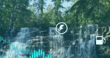 Finansal veri grafikleri ve sağlık sembollü şelale animasyonu örtüyor. Finans, analitik, teknoloji, soyut, dijital, akış