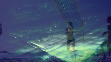 Plaj voleybolu oynuyorlar, dijital veri animasyonları olan sporcular sahneyi örtüyor. Spor, rekabet, takım çalışması, teknoloji, fitness, açık hava