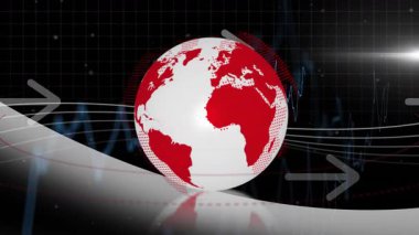Finansal grafik arka planında oklar olan kırmızı ve beyaz kürenin animasyonu. Maliye, küresel, iş dünyası, para birimi, ekonomi, analitik