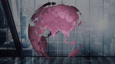 Büyük cam pencerelerden izlenen şehir manzarası üzerinde dönen dünya animasyonu. küreselleşme, ufuk çizgisi, modern, gelecekçi, kentsel, teknoloji