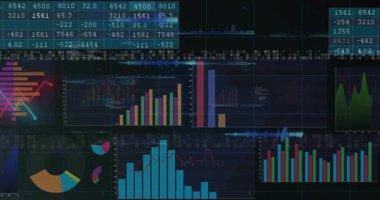 Finansal veri çizelgelerinin dijital analizlerle örtüşmesi karanlık arka planda. Finans, analitik, fütüristik, teknoloji, ekonomi, yatırım