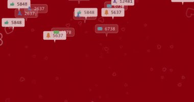 Yüzen sosyal medya bildirimleri ve kırmızı arkaplan animasyonu üzerinde kalpleri olan simgeler. dijital, çevrimiçi, iletişim, etkileşim, teknoloji, bağlantı