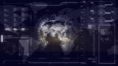 Dünya haritası ve veri elementleriyle gelecekteki dijital arayüzün animasyonu. Teknoloji, küresel, yenilik, siber, sanal