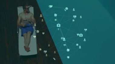 Sosyal medya ağı animasyonlarıyla bilardo oynayan bir adam. Boş zaman, rahatlama, tatil, dijital, bağlantı, teknoloji