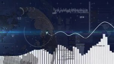 Dünya haritası üzerinde çubuk grafiklerle dijital veri canlandırması. analitik, istatistik, küresel, eğilimler, büyüme, finans