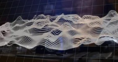 Arabanın şebeke arka planında dijital dalga deseninin animasyonu. Teknoloji, yenilik, otomotiv, fütüristik, siber uzay, ulaşım