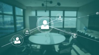 Ofis toplantı odasında bağlantılar ve veri işleme animasyonu ağı. Ağ, teknoloji, dijital, yenilik, takım çalışması, işbirliği