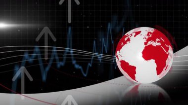 Kırmızı kürenin yukarı doğru okları ve şebeke arka planında finansal grafiği olan animasyonu. Finans, büyüme, ekonomi, iş dünyası, grafik, ilerleme