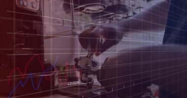 Kahve yapan, piyasa eğilimlerini gösteren finansal grafik animasyonlu barista. finans, analitik, ekonomi, veri, teknoloji, yatırım