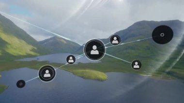 Manzara görünümünü kaplayan ağ bağlantılarıyla veri işleme animasyonu. Teknoloji, dijital, iletişim, bağlantı, fütürist