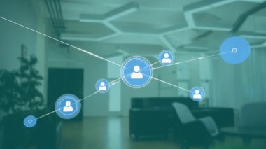 Ofis arkaplanı üzerinden bağlantılar ve veri işleme animasyonu ağı. Teknoloji, ağ, iletişim, dijital, bilgi, fütüristik