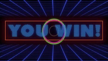 Neon çemberi animasyonu You Win ile! metin üzerinde retro ızgara arkaplan. Nostalji, dijital, oyun, vintage, retro dalga, synthwave