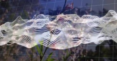 Ağ üzerinde soyut beyaz dalga animasyonu olan çiçekli bir bitki. Botanik, doğa, çiçek, dijital, fütüristik