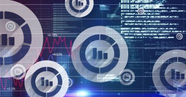 Mavi arkaplanda veri işleme üzerinde hareket eden çevrimiçi istatistik simgelerinin resmi. küresel ağ, teknoloji ve dijital arayüz kavramı dijital olarak oluşturulmuş görüntü.