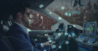 Otomatik araba kullanan bir adamın görüntüsü ve simgeleri. iletişim teknolojisi dijital arayüz kavramı, dijital olarak oluşturulmuş görüntü.