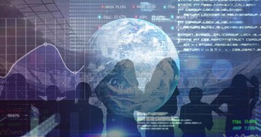 Spor stadyumuna karşı tezahürat yapan hayranların dünya çapında borsa veri işleme ve silueti. Spor yarışması ve turnuva konsepti