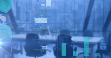 Mavi arka plandaki boş ofisin istatistikleriyle veri işleme resmi. küresel bağlantılar, teknoloji ve dijital arayüz kavramı dijital olarak oluşturulmuş görüntü.