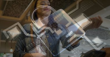 Ödeme terminalini kullanan insanların ağ güvenliğinin resmi. küresel iletişim ve veri güvenliği konsepti dijital olarak oluşturulmuş görüntü.