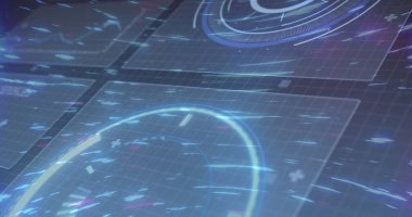 Işık yollarının üzerindeki ekranlarda tarama ve veri işleme dürbünü görüntüsü. küresel bağlantılar, teknoloji ve dijital arayüz kavramı dijital olarak oluşturulmuş görüntü.