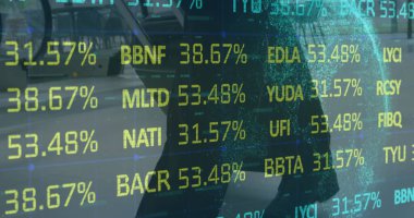 İş adamları üzerinden finansal veri işleme görüntüsü. küresel iş, finans ve veri işleme kavramı dijital olarak oluşturulmuş görüntü.