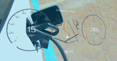 Şarj olan batarya ikonu ve hız göstergesi ile bir arayüz görüntüsü. Enerji, enerji ve yakıt teknolojisi dijital arayüz konsepti dijital olarak oluşturulmuş görüntü.