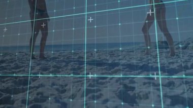 Dijital ızgarayla plaj voleybolu oynayan iki kadın animasyonu örtüyor. Spor, açık hava, yaz, teknoloji, takım çalışması, rekabetçi