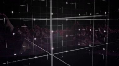 Animasyonda, dağlık arazinin üzerinde ızgara desenli parlayan bir küp. Fütürist, dijital, soyut, gerçeküstü, teknoloji, neon