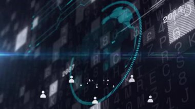 İkili kod arkaplanı üzerinden ağ bağlantıları olan dijital dünyanın animasyonu. Teknoloji, bağlantı, siber alan, gelecek, internet, veri