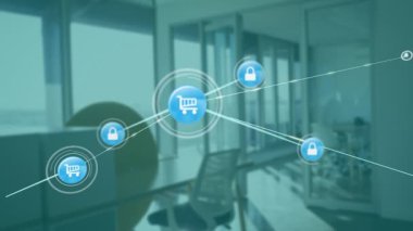 Alışveriş arabasının animasyonu ve okuldaki ofis ortamında kilit simgeleri. E-ticaret, güvenlik, teknoloji, eğitim, ticaret, koruma
