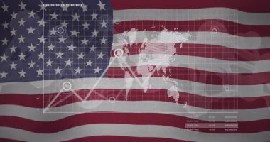 Dünya haritasındaki veri noktalarını animasyon tarzında Amerikan bayrağıyla örtüyor. veri görselleştirme, jeopolitik, teknoloji, analitik, uluslararası, iş