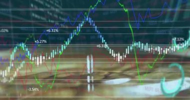 Bulanık borsa geçmişini kaplayan animasyon ile finansal grafikler analiz ediliyor. Maliye, analitik, veri, yatırım, analiz, ekonomi