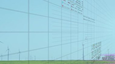 Yeşil alanda rüzgar türbinleri ve finansal veri işleme animasyon örtüsü. Yenilenebilir, enerji, sürdürülebilirlik, çevre dostu, yenilik, teknoloji