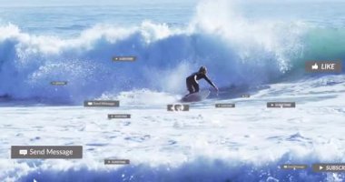 Okyanus sahnesinde sosyal medya tebligatlarıyla sörf yapan sörfçülerin animasyonu. Sörf, dijital, bağlantı, uyarı, dalga