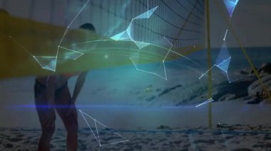 Holografik dünya animasyonu, kumsalda oyun oynayan insanların üzerinde. Teknoloji, fütüristik, tatil, boş zaman, dijital, açık hava