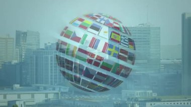 Şehrin arka planında bayrakları oluşturan bayrakların canlandırılması, çeşitlilik göstergesi. Küreselleşme, çok kültürlü, birlik, uluslararası, uyum, kentleşme