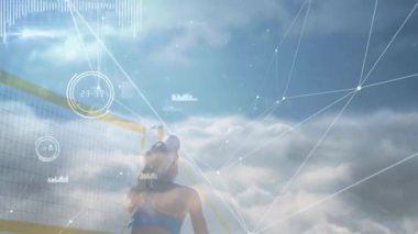 Plaj voleybolu, dijital ağ bağlantılarının animasyonuyla atlet. teknoloji, siber, spor