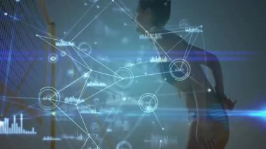 Voleybol oynayan kişi üzerinden bağlantı ve veri işleme animasyonu ağı. Teknoloji, dijital, iletişim, yenilik, spor, atlet