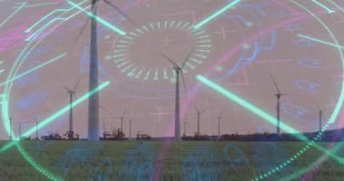 Rüzgâr türbinleri fütüristik dijital arayüze sahip alanlarda animasyon oluşturur. Sürdürülebilirlik, yenilenebilirlik, enerji, teknoloji, yenilik, çevre