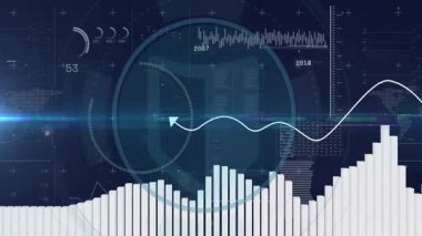 Dünya haritasında çubuk grafikler ve dalga biçimleri ile veri görselleştirmesini gösteren animasyon. analitik, bilgi, küresel, istatistik, sunum, fütüristik