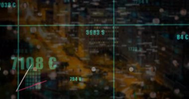 Cityscape with mali veri grafikleri ve para birimi sembolleri animasyon kaplamasında. Maliye, ekonomi, yatırım, analitik, ticaret, kentsel