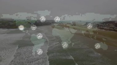 Bağlantılar ağı ve kıyı manzarası üzerinde veri işleme animasyonu. Teknoloji, dijital, iletişim