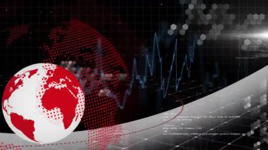 Koyu arkaplanda dijital grafikleri ve veri işlemesi olan kırmızı kürenin animasyonu. Teknoloji, fütüristik, analitik, küresel, küresel, görselleştirme