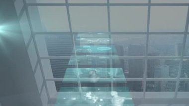 Dijital medikal animasyon şehrin geniş ofis pencerelerinden geçiyor. Teknoloji, yenilik, sağlık hizmetleri, fütüristik, kentsel, şehir görüşleri