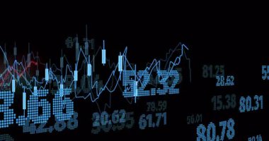 Kara fon ile ilgili finansal verilerle birlikte değişen borsa grafiğinin animasyonu. Maliye, ticaret, yatırım, ekonomi, analitik, büyüme