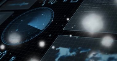 Soyut arkaplan üzerinde ızgara desenleriyle parlayan dijital arayüzün animasyonu. Teknoloji, fütüristik, modern, yenilik, bağlantı, siber uzay