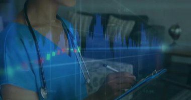 Tıbbi ortamdaki finansal veri grafiklerinin analizi, sağlık sektöründeki profesyonellerin çalışması. Analizler, finans, grafik, araştırma