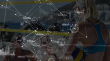 Plaj voleybolu, ağ bağlantıları ve veri işleme animasyonu olan insanlar. Spor, takım çalışması, teknoloji, yenilik, eğlence